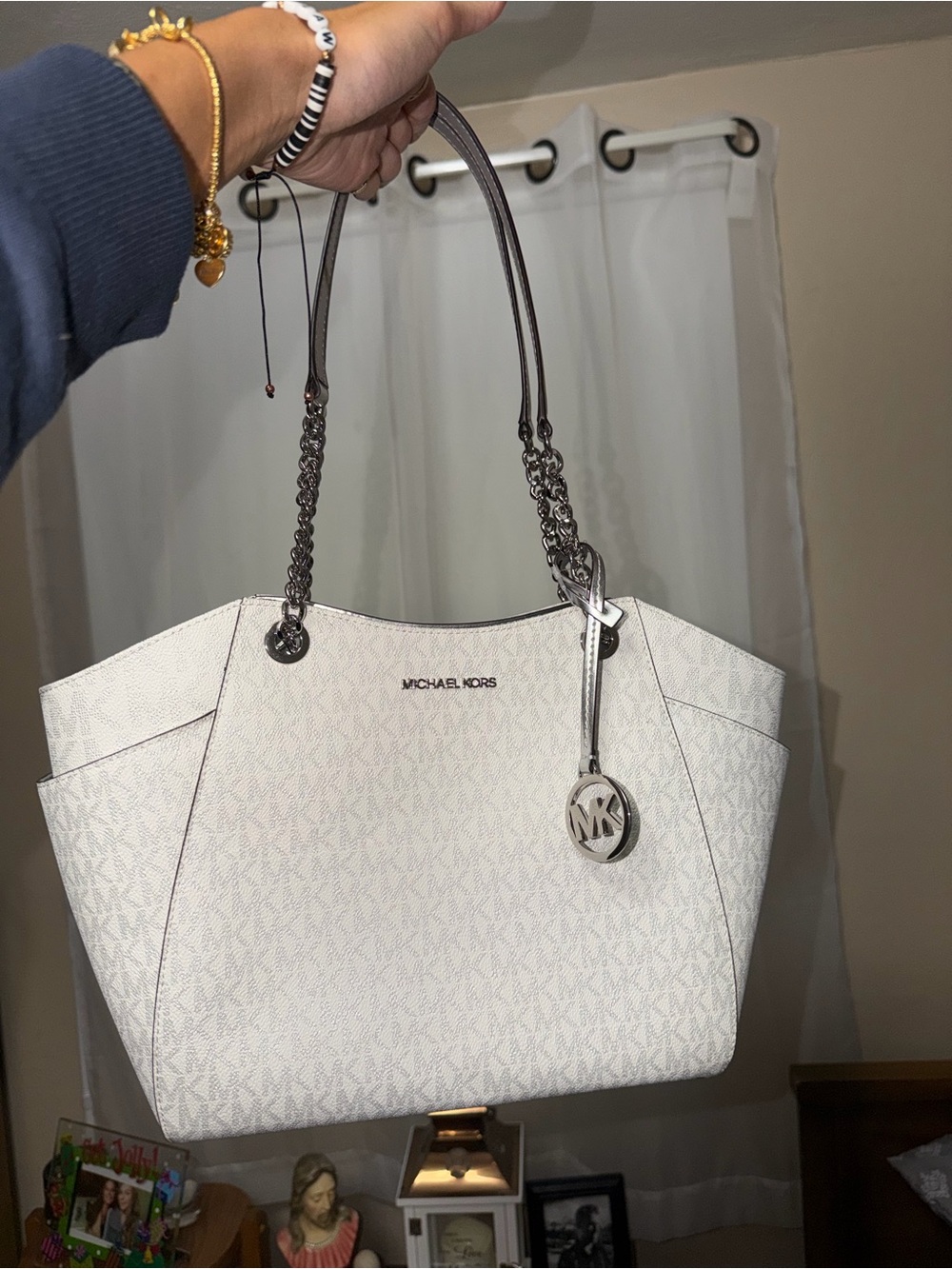Michael Kors White Logo-Print Chain Strap Tote